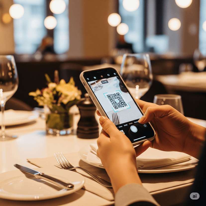 Restaurant guest scanning a QR code with a smartphone to instantly browse the digital menu — no app download required